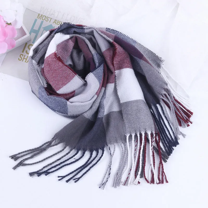 Grey, navy and maroon check print scarf