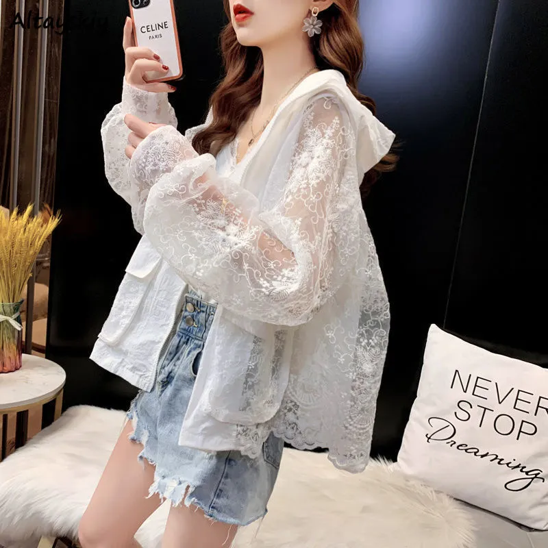 Hulianfu Basic Jackets Women Lace Hollow Out Elegant Sun-proof Summer Vacation Simple All-match Mujer Loose Leisure Thin Korean Fashion